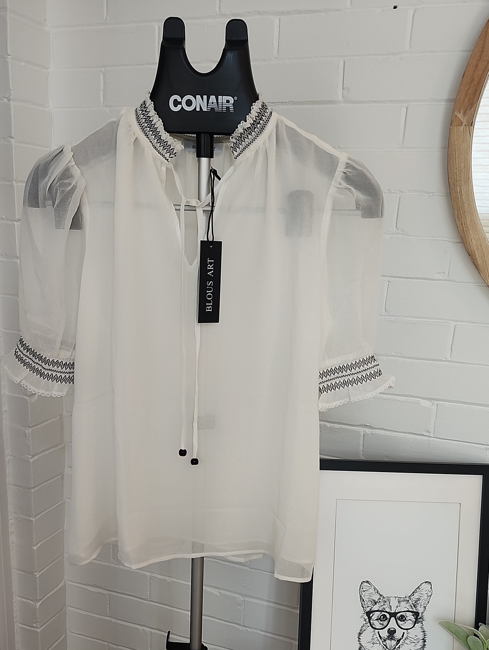 Cream Sheer Tie-Neck Blouse, Women Small